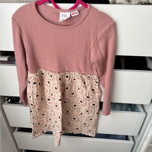 Zara Kids Ribbed Pink and Cream Floral Long Sleeve dress